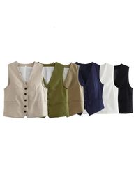 Willshela femmes mode solide simple boutonnage gilet gilet Vintage col en v sans manches femme Chic dame débardeur hauts 240111