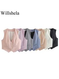 Willshela femmes mode solide simple boutonnage gilet sans manches vestes Vintage col en v gilet femme Chic dame débardeurs 240115