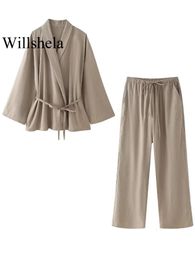 Willshela Women Fashion Two Piece Set Khaki Lace Up Shirts Vintage High Elastic Taies Pantmand Feamle Chic Lady Pantal