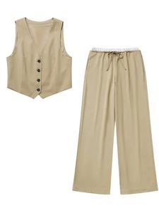 Willshela Women Fashion Two Piece Set Khaki Tops Top Land Pantalon Vintage Vneck Single Femme Chic Chic Suit 240402