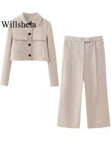 Willshela Women Fashion Two Piece Set Khaki Blazer avec des poches pantalon de fermeture à glissière vintage Front Feamle Chic Lady Pantals 240407