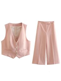 Willshela Women Fashion Two Piece Set Pink Tops Pantalons de jambe droite Vintage V-colme Single Femelle Chic Chic 240420 Vintage