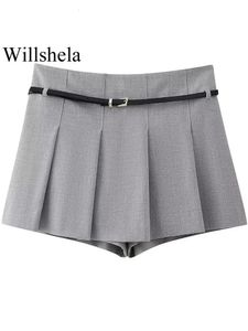 Willshela Women Fashion With Belt Gray Gray Ploeged Side Zipper Mini Skirts Shorts Vintage High Taille Female Chic Lady 240407