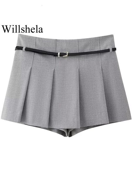 Willshela Women Fashion avec ceinture gris plissé latéral zipper mini jupes shorts vintage hauts femelles chic dame 240407