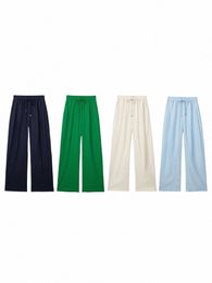 Willshela Mujeres Fi Sólido Lace Up Plisado Pantalones de pierna ancha Vintage Alto Elástico Cintura Mujer Chic Lady Pantalones M7fx #