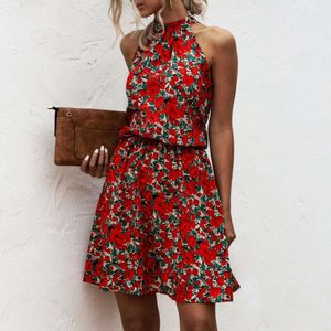 Robe imprimée en coton floral sexy à épaules dénudées et col suspendu