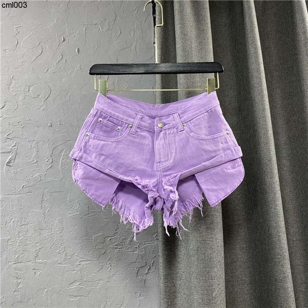 Viento sexy cintura baja pantalones cortos de mezclilla para mujer pantalones calientes verano nuevo borde de borla pierna ancha una línea púrpura hszc