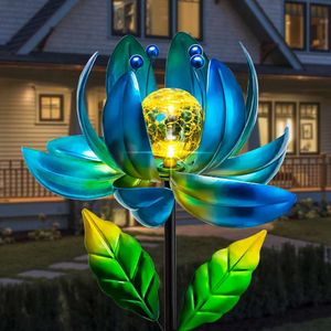 Wind Spinners - Metal Lotus Flower Garden Decor LED Crackle Globe Globe Yard Yard Art Sculpture Solar Pleaks Lights for Patio Pathway Lawn passerelle