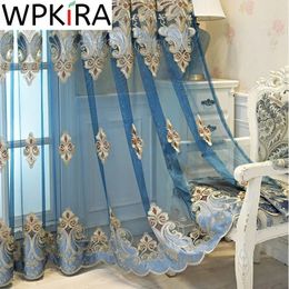 Persianas de ventana bordado cortina de tul para sala de estar Europa lujosa pantalla de ventana azul de la ventana de altura panel de cortesía AD511h 240426