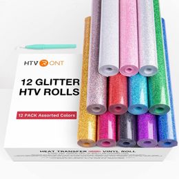 Raamfolie HTVRONT 12 Pack Glitter Kleuren 25X150cm/10inX5ft PU Heat Transfer Vinyl Roll voor Cricut DIY Iron op T-shirt Printing HTV Film 230707