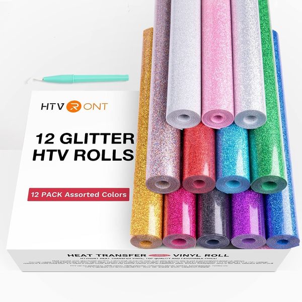 Film pour fenêtre HTVRONT 12 Pack Glitter Couleurs 25X150cm/10inX5ft PU Rouleau de Vinyle de Transfert de Chaleur pour Cricut DIY Fer sur T-shirt Impression HTV Film 230707