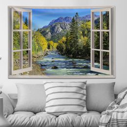Tapiz de bosque de montaña natural para ventana, tapices para colgar en la pared con paisaje de arroyo de pino verde escénico