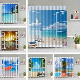 Ventana Paisaje Cortina de ducha Ocean Sandy Beach Baño Cortinas colgantes de pared Azul Mar Cielo Escénica Pantalla impermeable Decoración para el hogar 211115