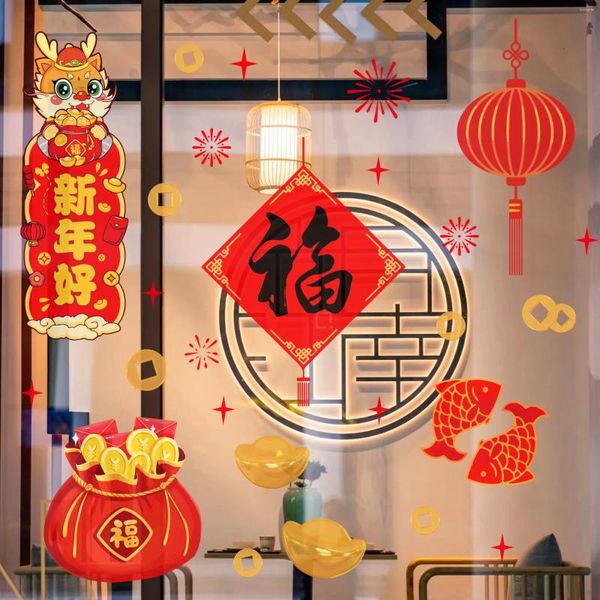 Pegatinas para ventanas 2024 Año chino Películas decorativas de pared electrostáticas Festival de primavera Vidrieras