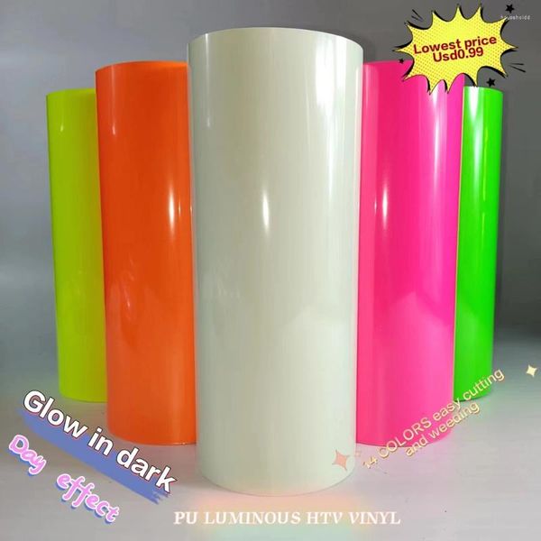 Pegatinas de ventana 30x102 cm PU Flex Transferencia de calor Vinilo CRICUT MAKER Resplandor en hierro oscuro en DIY HTV Color fluorescente luminoso para camisas