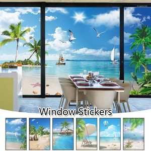 Raamstickers 3D Landschap Privacy Windows Film Home Decor Zomer Oceaan Strand Gebrandschilderde deur Glasschaduw Elektrostatisch Frosted Films