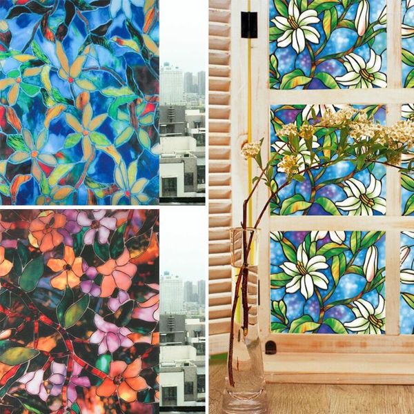 Stickers de fenêtre 3D Cling statique tachée de porte florale givrée Sticker Magnolia Match Cover Intimité décor Buetout