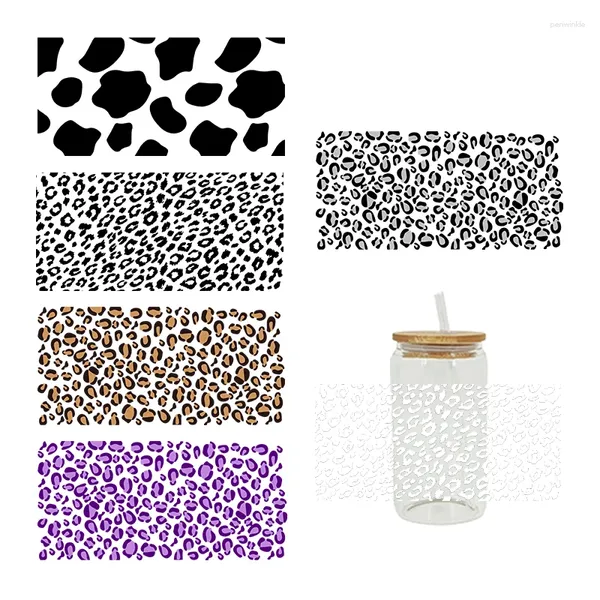 Pegatizas de ventana 3D UV DTF Transferencias de 16 oz de taza Wrap Leopardo impresa para vidrio de bricolaje de cuero de metal de cerámica, etc. D1801