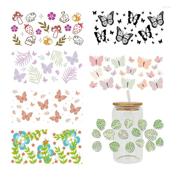 Autocollants de fenêtre Belles fleurs de papillon UV DTF Autocollant pour transfert de tasse de 16 oz Étiquette personnalisée Logo DIY Auto-adhésif D7649