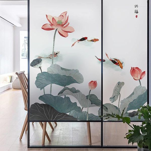 Pegatinas de ventana estilo chino lotus lotus vidrio esmerostático Película electrostática Paper anti-Paper anti-ligero baño