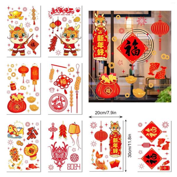 Autocollants de fenêtre Année chinoise Verre Festival de printemps Mur électrostatique 2024 Films de décoration de fête du dragon