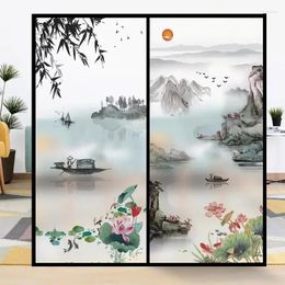 Autocollants de fenêtre personnalisés de paysage chinois personnalisés de salle de bain givrée de salle de bain antimure d'espionnage et de blocage léger film