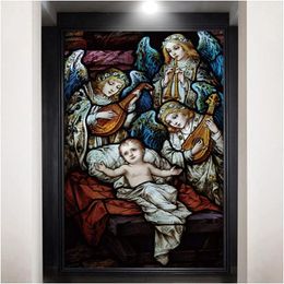 Autocollants de fenêtre Film vitrail d'église décoratif Anti-UV statique intimité s'accroche décor de figures religieuses de jésus