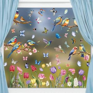 Autocollants de fenêtre en verre, décoration de printemps, ensemble coloré avec fleurs, oiseaux, papillons, imperméable pour