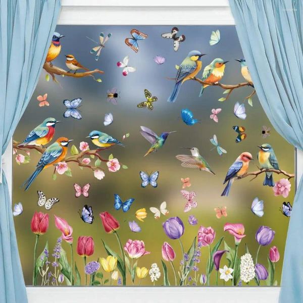 Autocollants de fenêtre en verre, décoration de printemps, ensemble coloré avec fleurs, oiseaux, papillons, imperméable pour