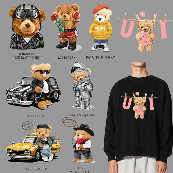 Stickers de fenêtre Hip Hop Bear Patch Iron sur la chaleur Appuyez sur des transferts DTF animaux thermiques en peluche pour les T-shirts pour les t-shirts