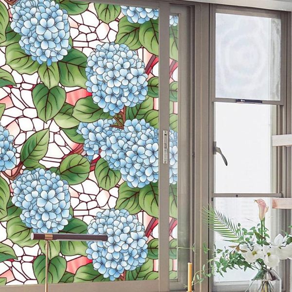 Pegatinas de ventana Parche de hortensia Película de puerta de vidrio Aferramiento estático para PVC retro esmerilado decorativo