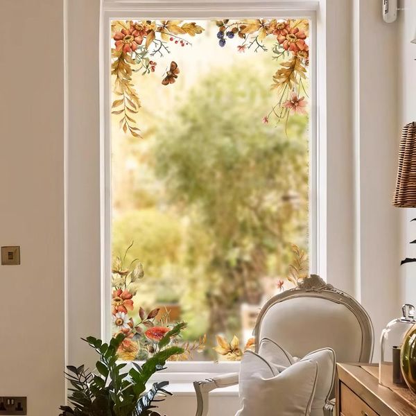 Pegatinas de ventana Kizcozy Otoño Insectos y plantas Acuarela Esquina Transparente Extraíble Estático Cling Película de doble cara