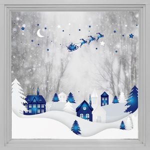 Autocollants de fenêtre Kizcozy Blue and White Snow Village en hiver avec Santa Claus Sticker Decorative Taching Trened vitrage Film