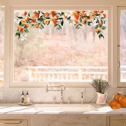 Raamstickers Kizcozy aquarel herfstbloemen en sinaasappelen rand transparant verwijderbaar statisch vershoudfolie dubbelzijdig