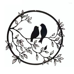 Autocollants de fenêtre en métal rond mur art oiseau sur branche d'arbre silhouette décoration de la maison cadeau de pendaison de crémaillère ornement pour décor G99A