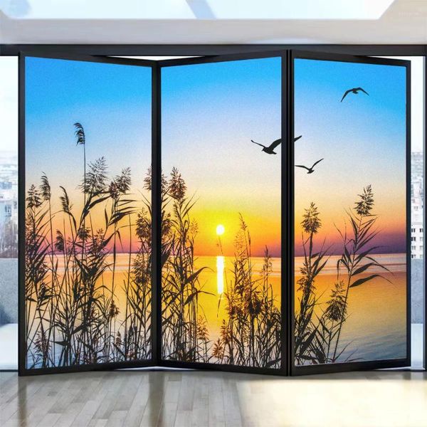 Pegatinas de ventana Película de privacidad Vista al lago Patrón de puesta de sol Vidrio esmerilado Bloqueo solar Adhesivo estático sin pegamento Puerta de baño