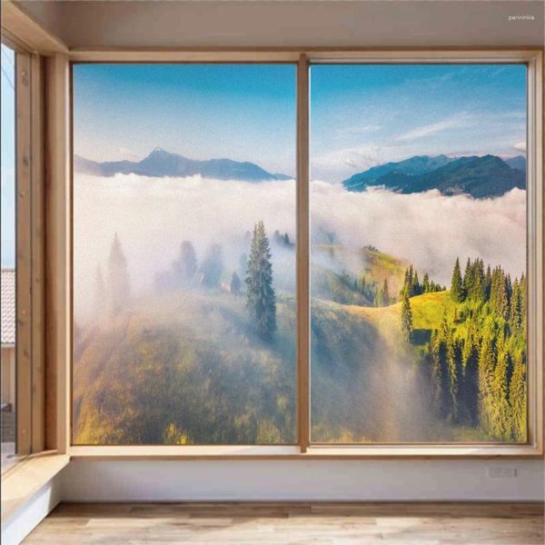 Pegatinas de ventana Película de privacidad Patrón de vista de montaña brumosa Puerta de baño esmerilada PVC Anti-UV Vidrio adhesivo estático