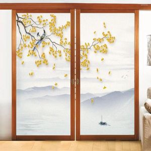 Autocollants de fenêtre Film de verre d'intimité Paysage de fleurs et d'oiseaux Modèle de porte givrée Bloquer du soleil autocollant sans colle