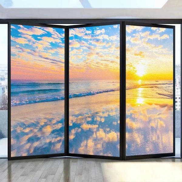 Pegatinas para ventanas, película para ventanas de privacidad, patrón de vista al mar y puesta de sol, puerta de vidrio esmerilado, bloqueo solar decorativo, estática sin pegamento