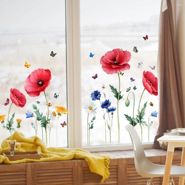 Autocollants de fenêtre en verre de fleur rouge autocollant statique papillon salon chambre salle de bain maison décorative pvc mur moderne décalage moderne