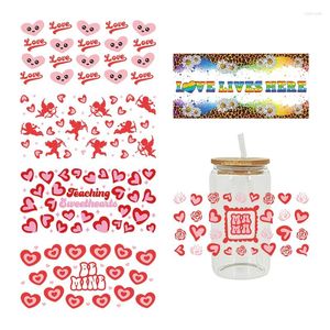 Autocollants de fenêtre coeur rouge amour 3D UV DTF, enveloppes de transfert pour tasse en verre 16OZ, mode bricolage bouteille de canette, décalcomanies imperméables