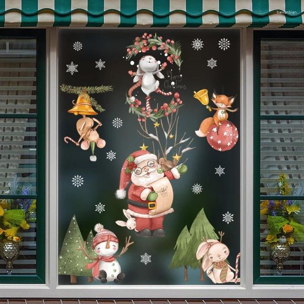 Autocollants de fenêtre Santa bonhomme de neige flocon de neige mur magasin de fleurs décoration de porte en verre dessin animé année mignonne