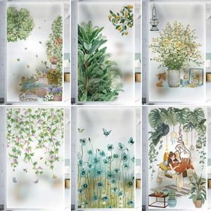 Stickers de fenêtre Film d'intimité en vitrail Statique Cling Sliding Porte de salle de bain DÉCOR HOME DÉCORS ANIMAUX VERTS PLANTES