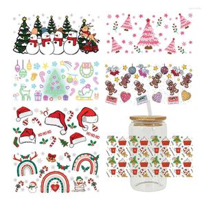 Autocollants de fenêtre UV DTF Chapeau de Noël Bonhomme de neige Cadeaux Personnages Impressions pour 16 Oz Libbey Verre Peut Sublimation DIY Étanche D3714