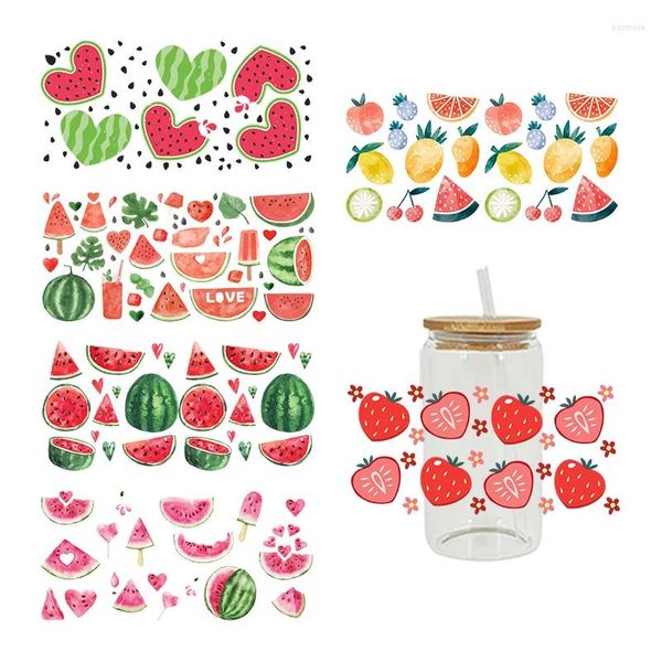 Autocollants de fenêtre UV DTF, autocollant de fruits de dessin animé, imperméable pour envelopper la tasse en verre Libby de 16oz, facile à utiliser, décalcomanies personnalisées D14367