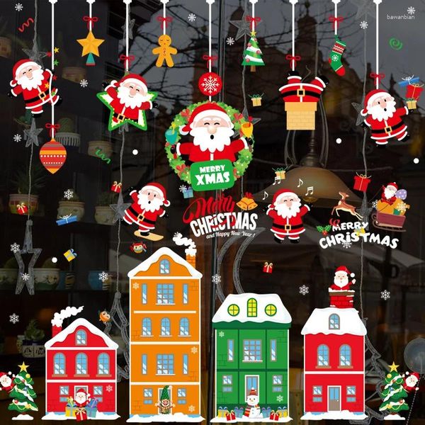 Pegatinas de ventana, decoraciones de pared para Navidad, calcomanías de puerta de vidrio, autoadhesivas, dibujos animados de copos de nieve de Papá Noel, Cricut