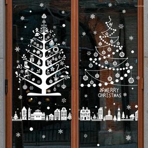 Autocollants de fenêtre blanc mur d'arbre de Noël plâtré porte en verre de dessin animé décoré double face décoration de vacances film de maison de neige