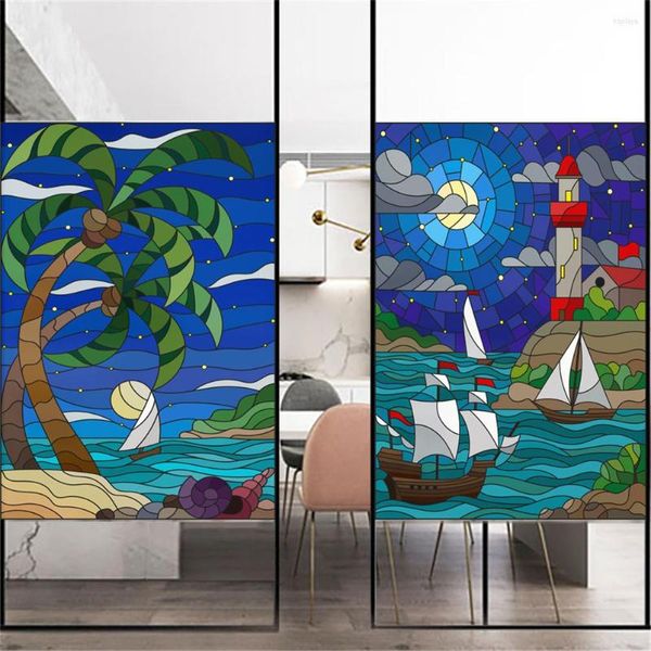 Pegatinas para ventanas, película para ventanas, privacidad, pintura colorida decorativa, vidrieras de mar, sin pegamento, adhesivo estático esmerilado