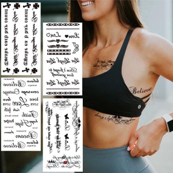 Pegatinas de ventana mujeres tatuaje temporal Diy letra texto pequeño trébol gráfico falso clavícula cuerpo cintura dedo impermeable