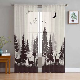 Traitements de fenêtre # Forest Silhouette Deer Animal Moon Curtains Salon Sheer Tulle Couclures Kitchen Voile Curtain Bouclée Drape Y240517